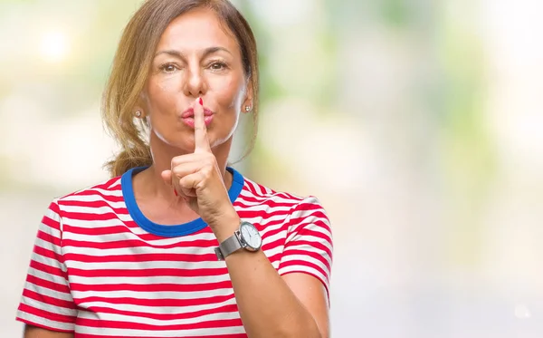 Middle Age Senior Hispanic Woman Isolated Background Asking Quiet Finger — Stock Photo, Image