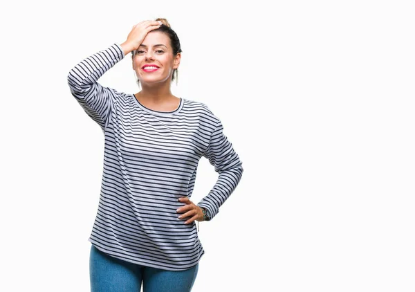 Young Beautiful Woman Casual Stripes Sweater Isolated Background Confuse Wonder — Stock Photo, Image