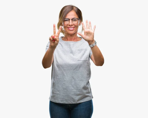 Mujer Hispana Mayor Mediana Edad Con Gafas Sobre Fondo Aislado —  Fotos de Stock