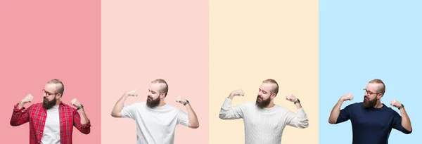 Collage Giovane Uomo Con Barba Strisce Colorate Sfondo Isolato Mostrando — Foto Stock