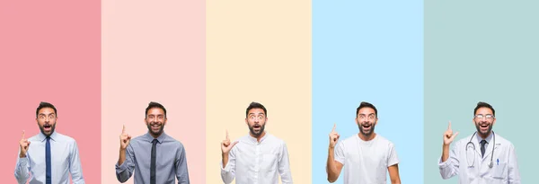 Colagem Homem Bonito Sobre Listras Coloridas Fundo Isolado Apontando Dedo — Fotografia de Stock