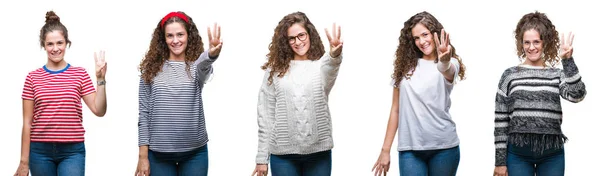 Colagem Jovem Morena Cabelo Encaracolado Menina Sobre Fundo Isolado Mostrando — Fotografia de Stock