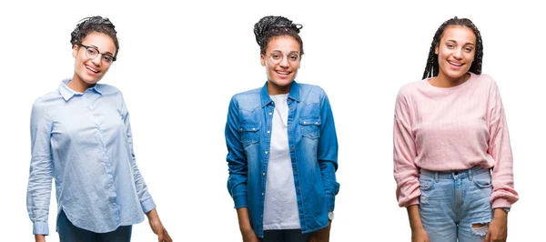 拼贴美丽的辫子非洲裔美国妇女在孤立的背景与一个快乐和冷静的笑容在脸上 幸运的人 — 图库照片