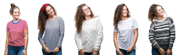 Collage Von Jungen Brünetten Mädchen Mit Lockigem Haar Vor Isoliertem — Stockfoto