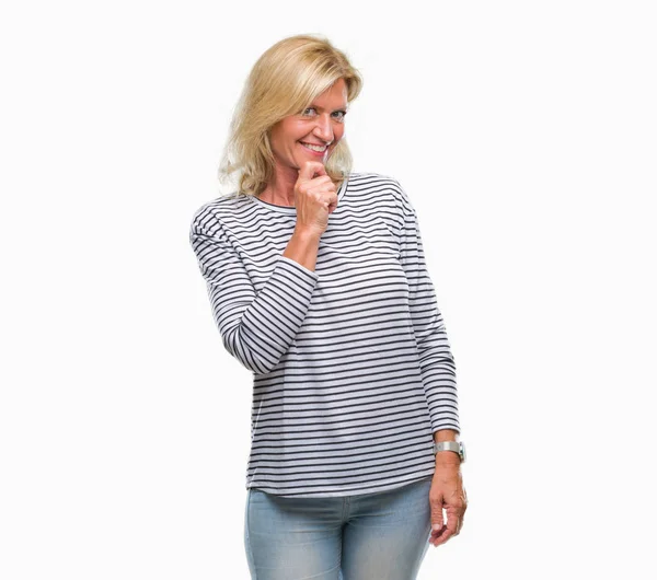 Middle Age Blonde Woman Isolated Background Looking Confident Camera Smile — Stock Photo, Image