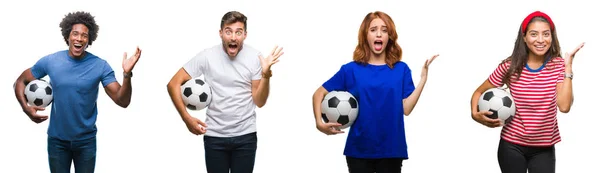 Colagem Pessoas Segurando Bola Futebol Sobre Fundo Isolado Muito Feliz — Fotografia de Stock