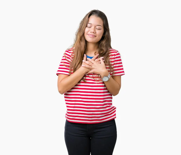 Jonge Mooie Brunette Vrouw Dragen Strepen Shirt Geïsoleerde Achtergrond Glimlachend — Stockfoto