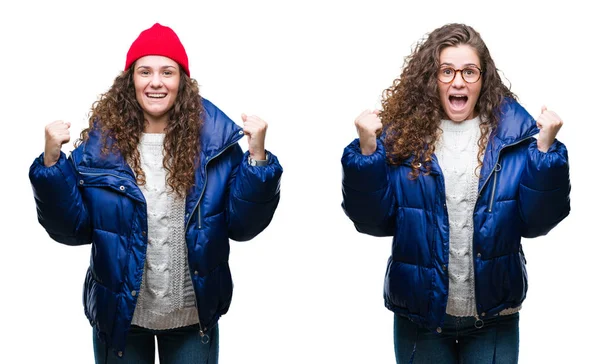 Collage Chica Morena Joven Con Gorra Lana Invierno Abrigo Sobre —  Fotos de Stock