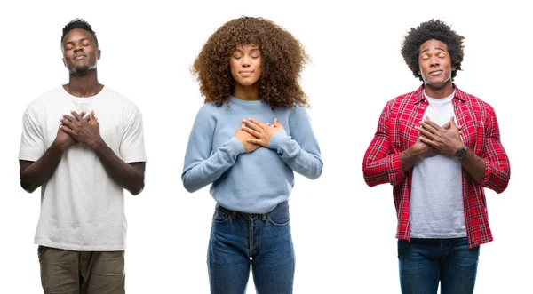 Collage Afroamerikanska Grupp Människor Över Isolerade Bakgrund Leende Med Händerna — Stockfoto