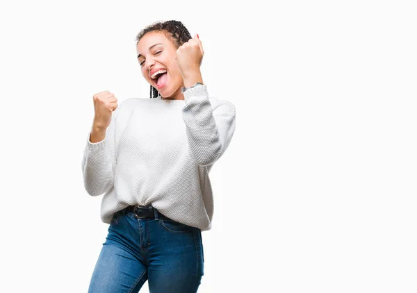 Giovane Capelli Intrecciati Ragazza Afro Americana Indossa Maglione Invernale Sfondo — Foto Stock