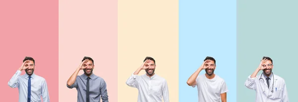 Colagem Homem Bonito Sobre Listras Coloridas Fundo Isolado Fazendo Gesto — Fotografia de Stock