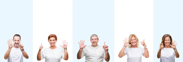 在孤立的背景下 中年组和老年人穿着白色 在微笑自信和快乐的同时 用手指第六指指点点 — 图库照片