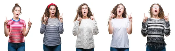 Collage Young Brunette Curly Hair Girl Isolated Background Amazed Surprised — Stock Photo, Image