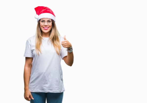 Jeune Belle Femme Portant Chapeau Noël Sur Fond Isolé Faisant — Photo