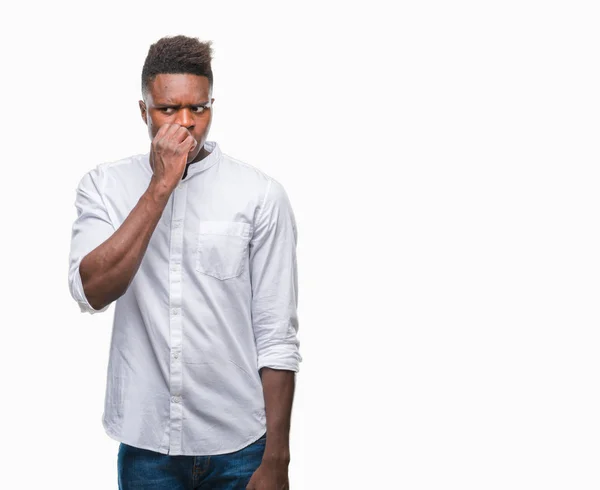 Fiatal Afroamerikai Férfi Elszigetelt Háttér Látszó Hangsúlyozni Ideges Kezek Száj — Stock Fotó