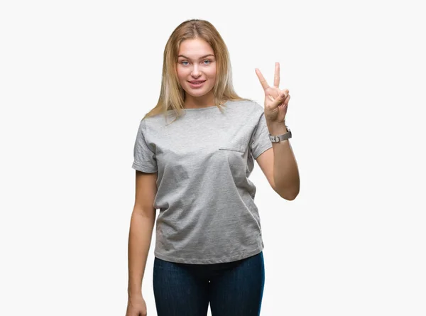 Young Caucasian Woman Isolated Background Showing Pointing Fingers Number Two — Stock Photo, Image