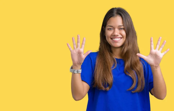 Jovem Bela Mulher Morena Vestindo Camiseta Azul Sobre Fundo Isolado — Fotografia de Stock