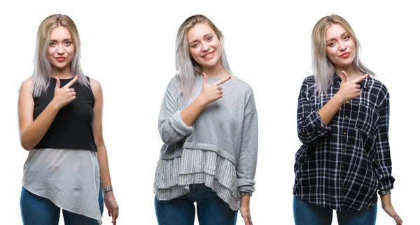 Collage Der Schönen Blonden Jungen Frau Vor Isoliertem Hintergrund Fröhlich — Stockfoto
