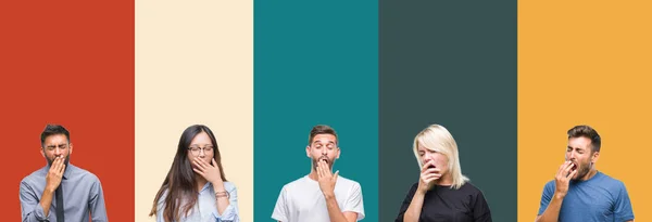 Collage Diverse Etnie Giovani Strisce Colorate Sfondo Isolato Annoiato Sbadigliando — Foto Stock