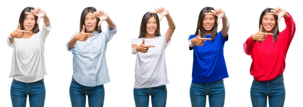 Composición Mujer Asiática China Sobre Fondo Aislado Sonriendo Haciendo Marco — Foto de Stock