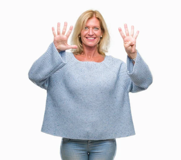 Middle Age Blonde Woman Wearing Winter Sweater Isolated Background Showing — Stock Photo, Image