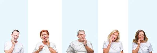 中間年齢 歯痛や歯の歯科病気のため痛みを伴う式で手で口に触れて分離の背景に白い シャツを着て高齢者のコラージュ 歯医者コンセプト — ストック写真