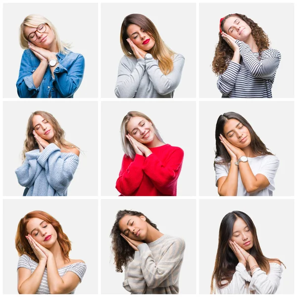 Collage Van Jonge Mooie Vrouwen Geïsoleerde Achtergrond Slapen Moe Dromen — Stockfoto