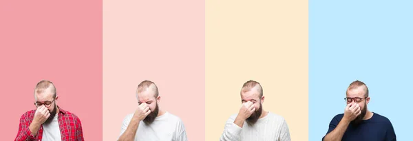 Collage Van Jonge Man Met Baard Kleurrijke Strepen Geïsoleerd Achtergrond — Stockfoto