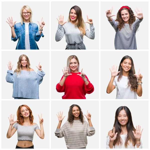 Collage Mujeres Hermosas Jóvenes Sobre Fondo Aislado Mostrando Apuntando Hacia —  Fotos de Stock