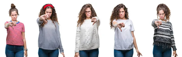 Collage Van Jonge Brunette Krullend Haar Meisje Geïsoleerde Achtergrond Zoek — Stockfoto