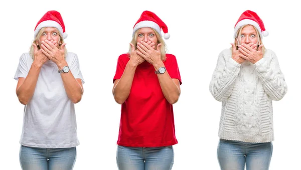 穿着圣诞帽的美丽中年金发妇女拼贴在白色孤立的背景下震惊覆盖嘴的错误 秘密概念 — 图库照片