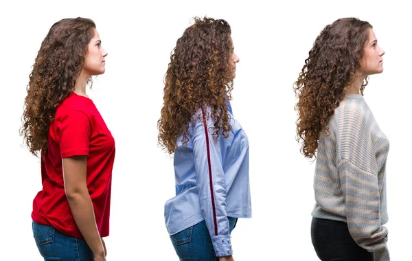 Colagem Jovem Morena Cabelo Encaracolado Menina Sobre Fundo Isolado Olhando — Fotografia de Stock