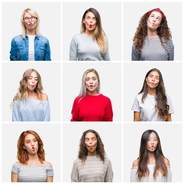 Collage Unga Vackra Kvinnor Över Isolerade Bakgrund Gör Fisk Ansikte — Stockfoto