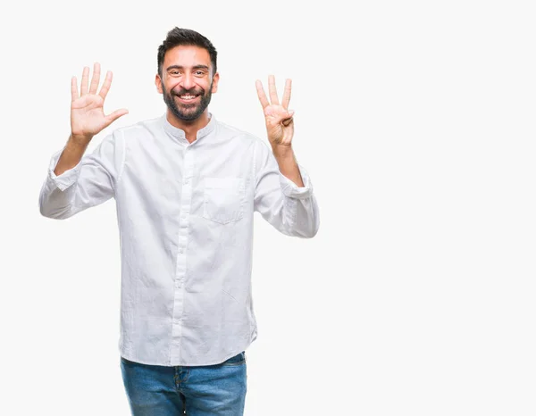 Hombre Hispano Adulto Sobre Fondo Aislado Mostrando Señalando Hacia Arriba —  Fotos de Stock