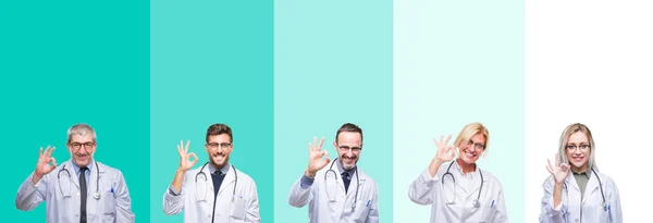 手と指で サインをしている肯定的な笑みを浮かべてカラフルな孤立した背景に聴診器を着て医者の人々 のグループのコラージュ 成功した式 — ストック写真