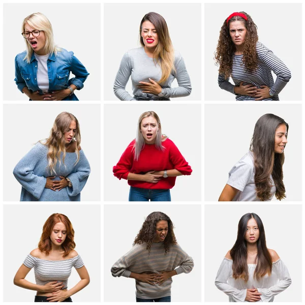 Collage Young Beautiful Women Isolated Background Hand Stomach Because Indigestion — Stock Photo, Image