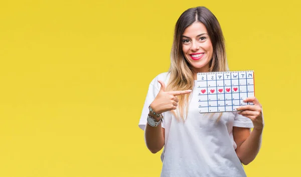 Jonge Mooie Vrouw Houdt Van Menstruatie Kalender Geïsoleerde Achtergrond Erg — Stockfoto