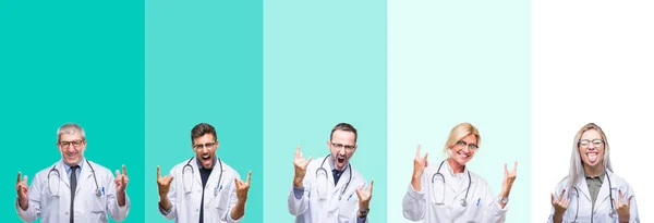 Collage Group Doctor People Wearing Stethoscope Colorful Isolated Background Shouting — Stock Photo, Image