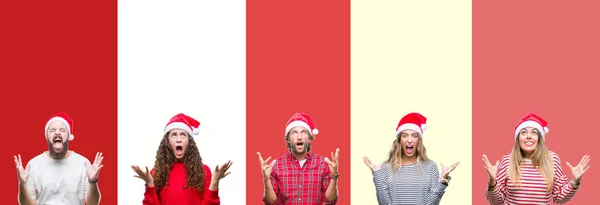 Collage Group Young People Wearing Chrismast Hat Isolated Background Crazy — Stock Photo, Image