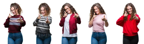 Collage Jeune Fille Brune Cheveux Bouclés Sur Fond Isolé Pointant — Photo