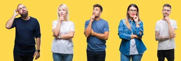 Collage Von Gruppenmenschen Frauen Und Männern Vor Farbenfrohem Gelbem Hintergrund — Stockfoto