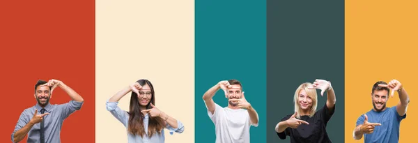 Collage Diferentes Etnias Jóvenes Sobre Rayas Colores Fondo Aislado Sonriendo —  Fotos de Stock