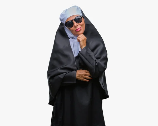 Middle Age Senior Catholic Nun Woman Wearing Sunglasses Isolated Background — Stock Photo, Image