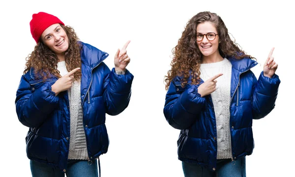 Collage Jovencita Morena Vistiendo Gorra Lana Invierno Abrigo Sobre Fondo —  Fotos de Stock