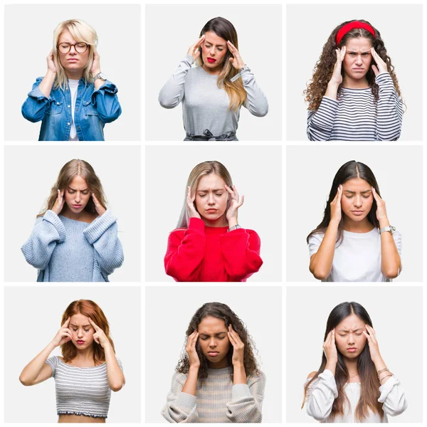 Collage Junger Schöner Frauen Vor Isoliertem Hintergrund Mit Der Hand — Stockfoto