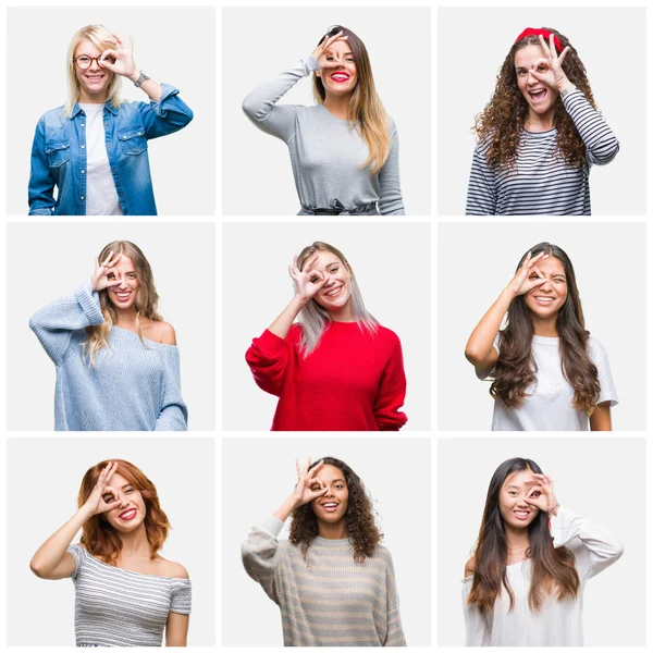 Collage Mujeres Hermosas Jóvenes Sobre Fondo Aislado Haciendo Buen Gesto —  Fotos de Stock