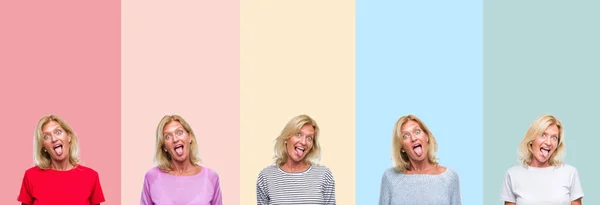 Collage Van Middelbare Leeftijd Senior Mooie Vrouw Kleurrijke Strepen Geïsoleerde — Stockfoto