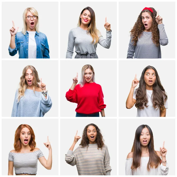 Collage Mujeres Jóvenes Hermosas Sobre Fondo Aislado Apuntando Con Dedo —  Fotos de Stock