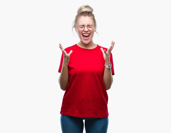 Young Blonde Woman Wearing Glasses Isolated Background Celebrating Mad Crazy — Stock Photo, Image