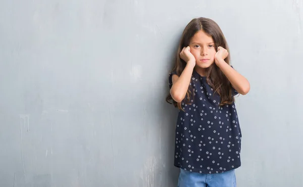 Young Hispanic Kid Grunge Grey Wall Covering Ears Fingers Annoyed — Stock Photo, Image